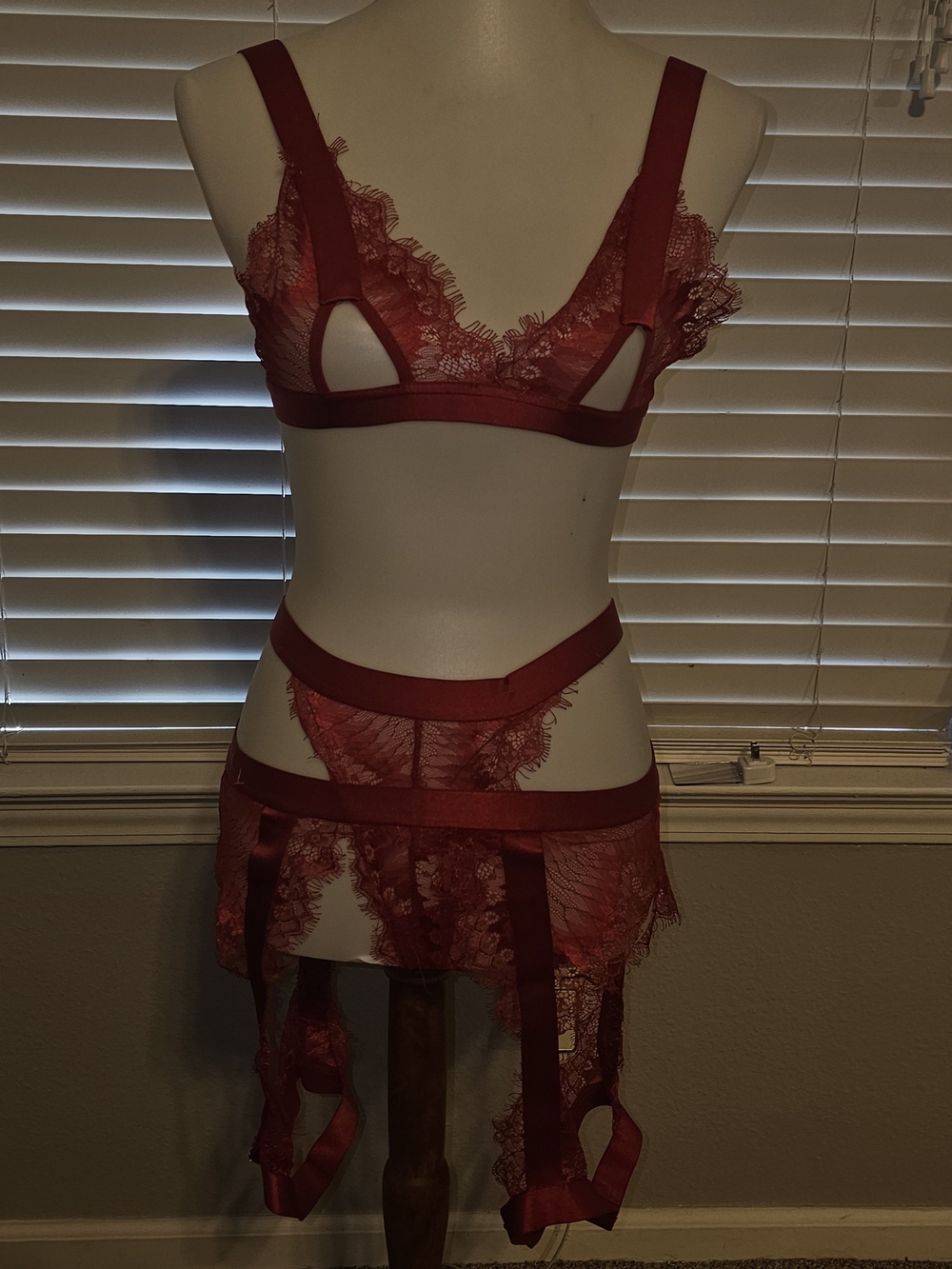 Source Unknown Red Lace Bralette, Panty & Garter Set